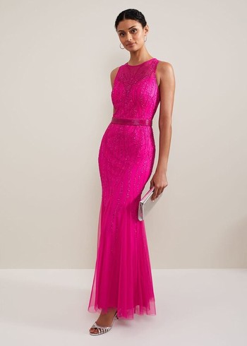 Phase Eight Rowena Beaded Dress Fuchsia Australia | LK0496351